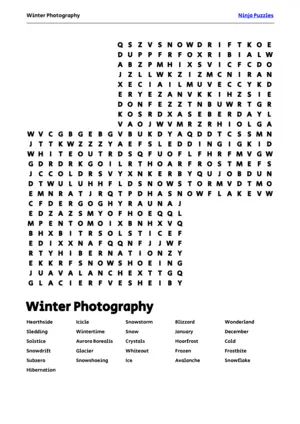 Free Printable Winter Photography themed Word Search Puzzle puzzle thumbnail