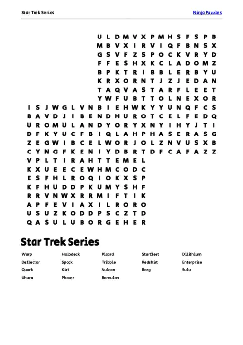 Free Printable Star Trek Series themed Word Search Puzzle