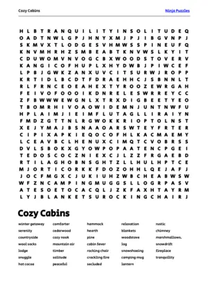 Free Printable Cozy Cabins themed Word Search Puzzle puzzle thumbnail