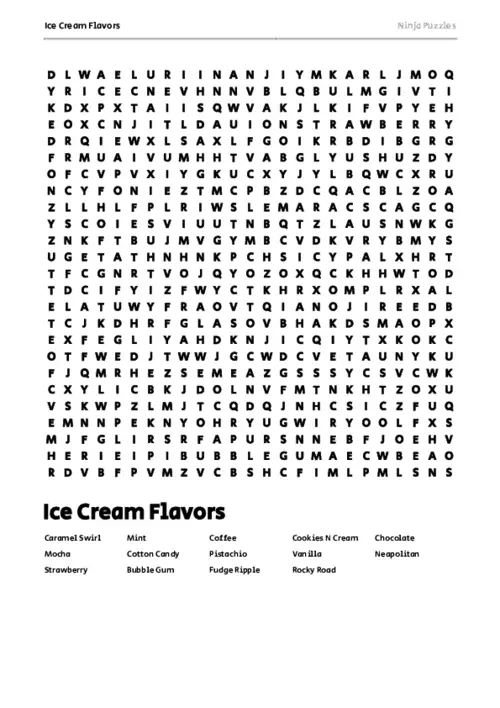 Free Printable Ice Cream Flavors themed Word Search Puzzle thumbnail
