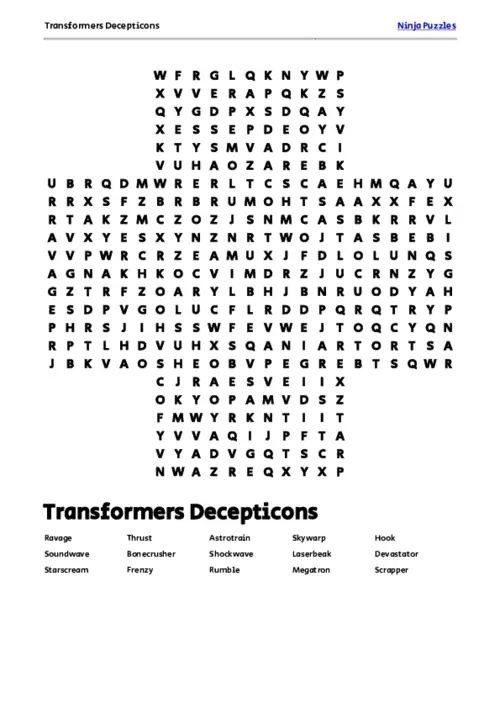 Free Printable Transformers Decepticons themed Word Search Puzzle thumbnail