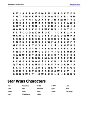 Free Printable Star Wars Characters themed Word Search Puzzle puzzle thumbnail