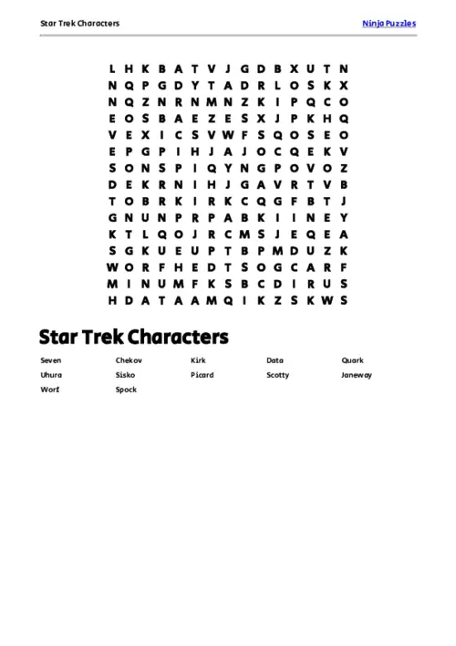 Free Printable Star Trek Characters themed Word Search Puzzle thumbnail