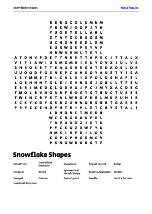 Free Printable Snowflake Shapes themed Word Search Puzzle puzzle thumbnail