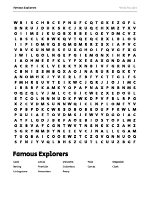 Free Printable Famous Explorers themed Word Search Puzzle puzzle thumbnail