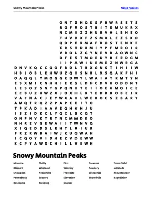 Free Printable Snowy Mountain Peaks themed Word Search Puzzle puzzle thumbnail