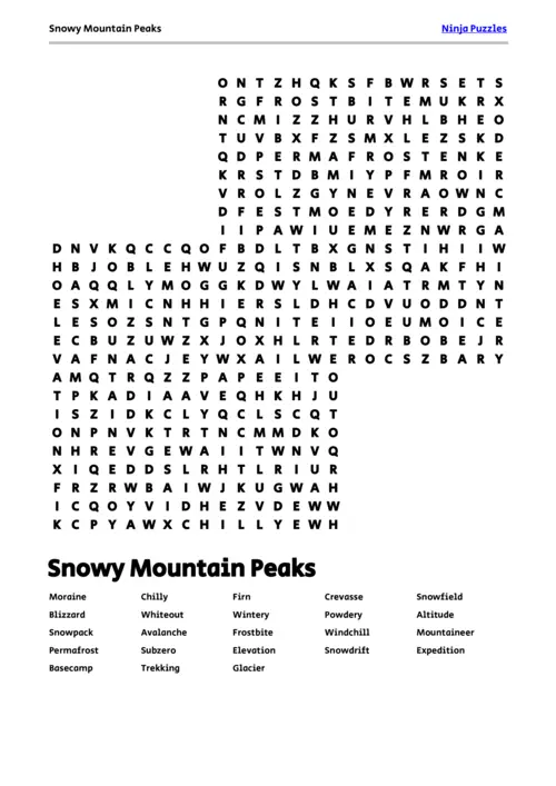 Free Printable Snowy Mountain Peaks themed Word Search Puzzle thumbnail