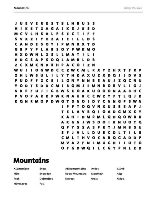 Free Printable Mountains themed Word Search Puzzle thumbnail