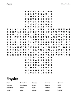 Free Printable Physics themed Word Search Puzzle puzzle thumbnail