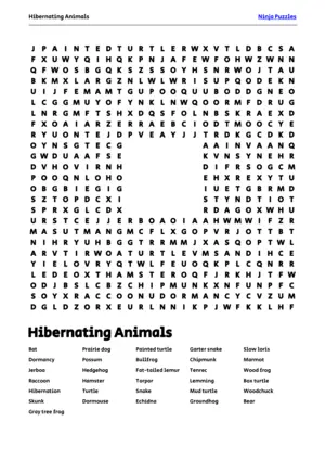 Free Printable Hibernating Animals themed Word Search Puzzle puzzle thumbnail