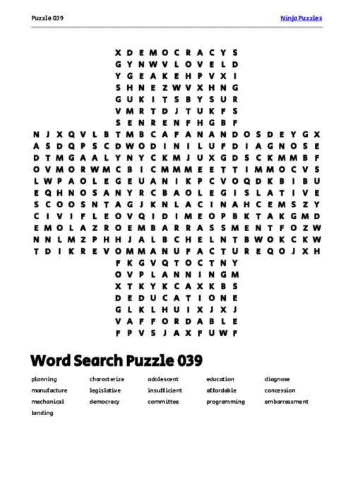 Free Printable Puzzle 039 themed Word Search Puzzle thumbnail