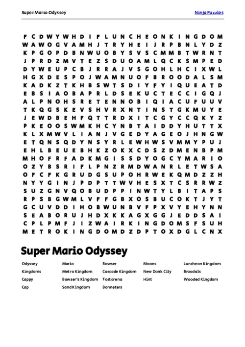 Free Printable Super Mario Odyssey themed Word Search Puzzle thumbnail