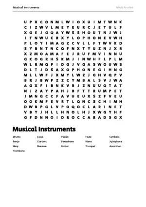 Free Printable Musical Instruments themed Word Search Puzzle puzzle thumbnail