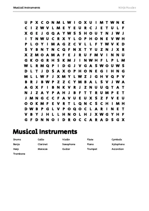 Free Printable Musical Instruments themed Word Search Puzzle thumbnail