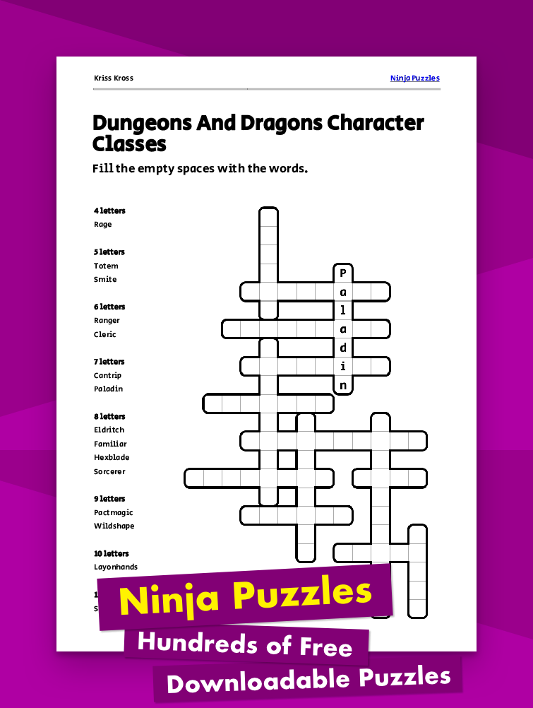 Free Dungeons And Dragons Character Classes Kriss-Kross Puzzle - Free ...