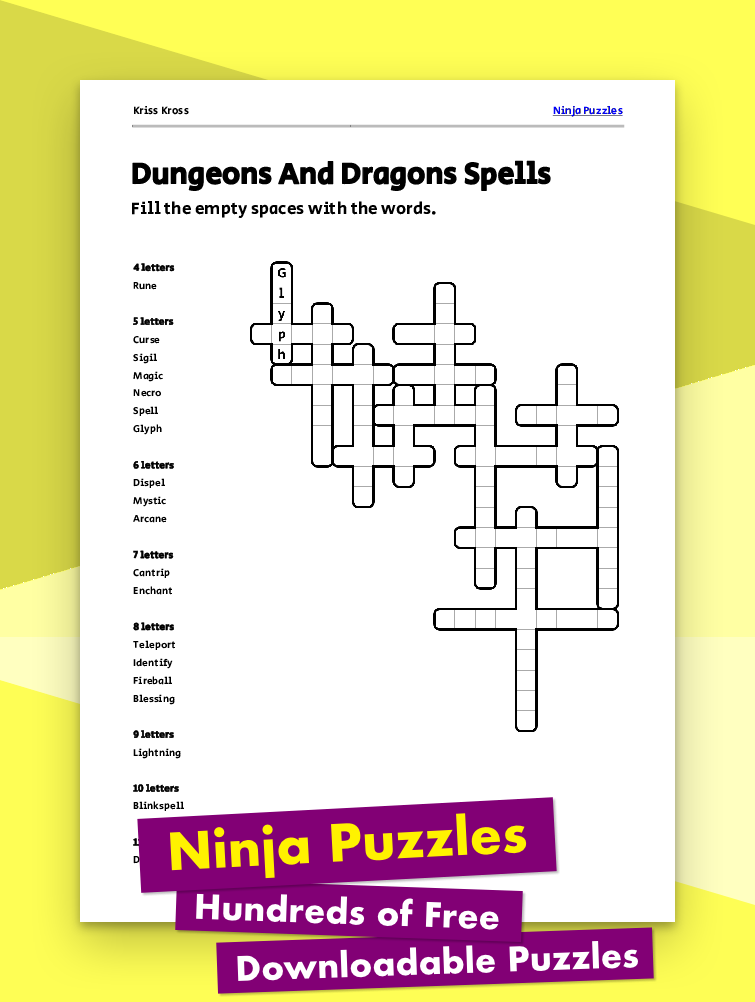 Free Dungeons And Dragons Spells Kriss-Kross Puzzle - Free Printable PDF