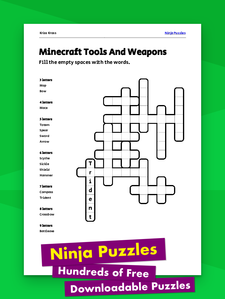 Free Minecraft Tools And Weapons Kriss-Kross Puzzle - Free Printable PDF