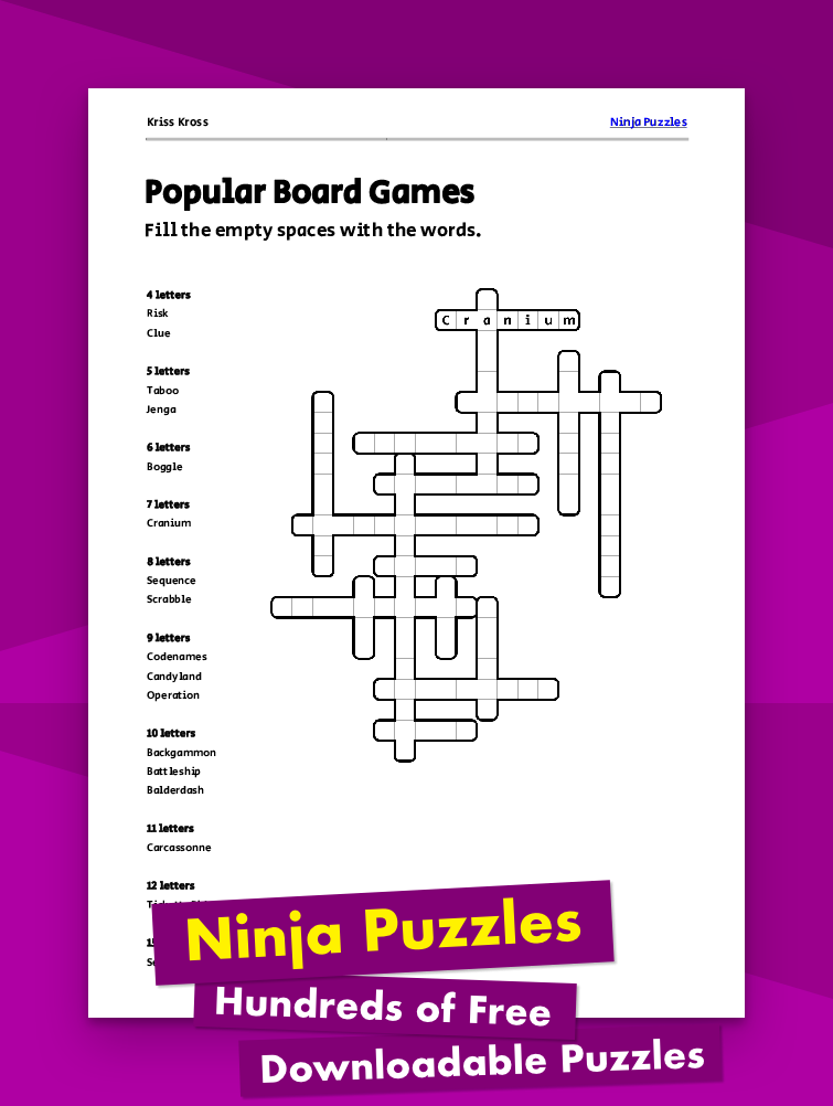 Free Popular Board Games Kriss-Kross Puzzle - Free Printable PDF