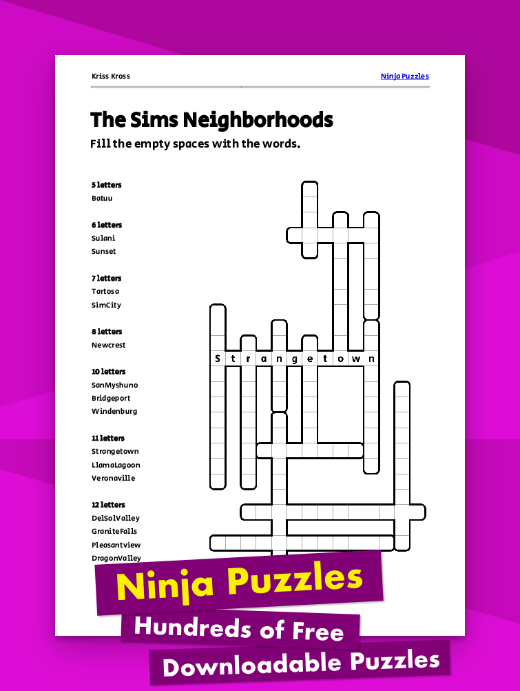 Free The Sims Neighborhoods Kriss-Kross Puzzle - Free Printable PDF