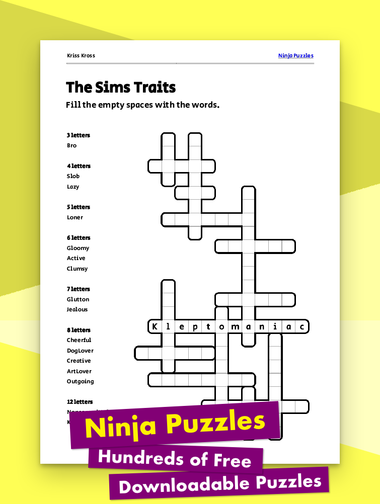 Free The Sims Traits Kriss-Kross Puzzle - Free Printable PDF