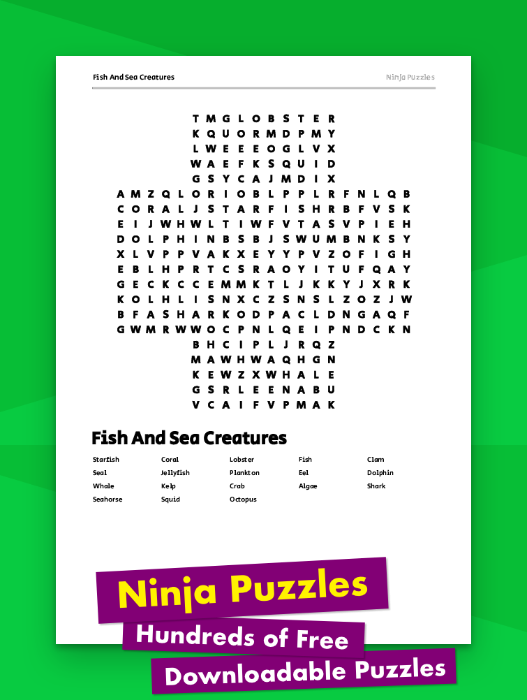 Free Printable Fish And Sea Creatures themed Word Search Puzzle - Free ...