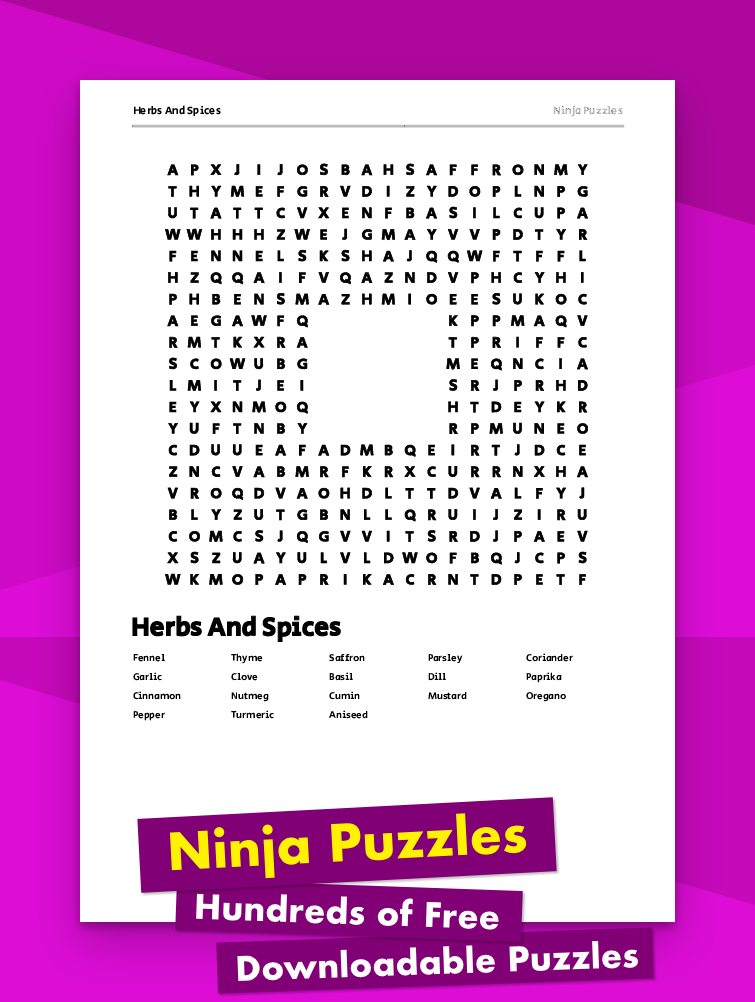 Free Printable Herbs And Spices themed Word Search Puzzle Free
