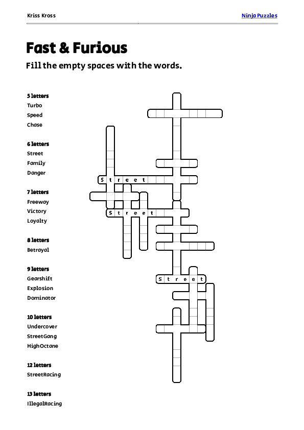 Free Fast &amp; Furious Kriss-Kross Puzzle - Free Printable PDF