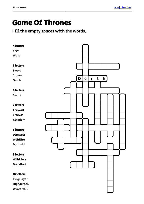 Free Game Of Thrones Kriss-Kross Puzzle - Free Printable PDF
