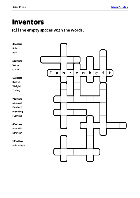 Free Inventors Kriss-Kross Puzzle - Free Printable PDF
