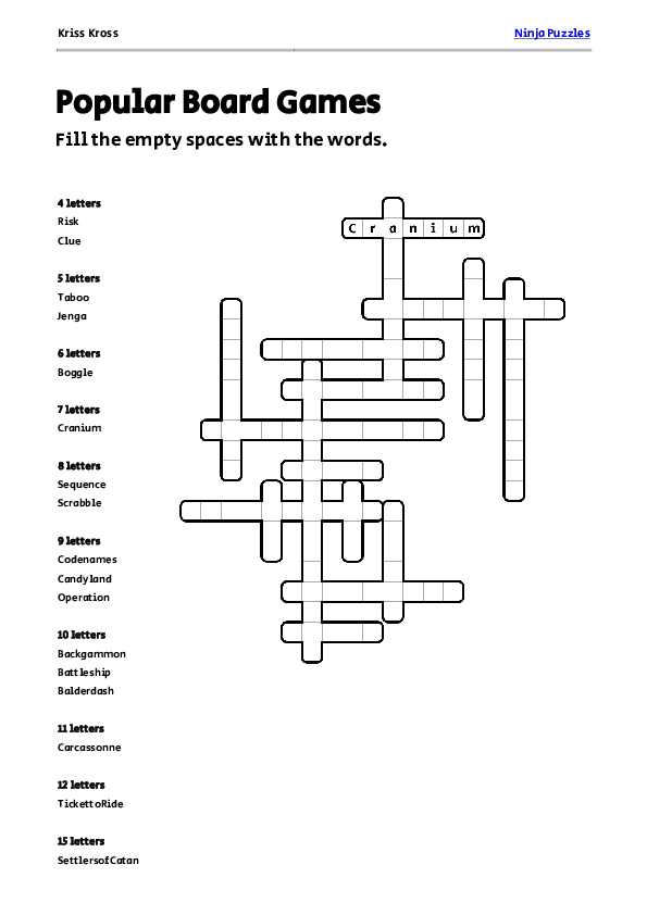 Free Popular Board Games Kriss-Kross Puzzle - Free Printable PDF