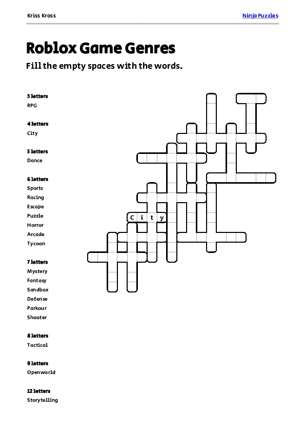 Free Roblox Game Genres Kriss-Kross Puzzle - Free Printable PDF