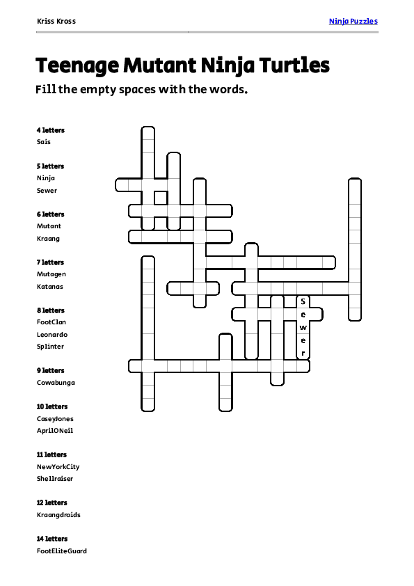 Free Teenage Mutant Ninja Turtles Kriss Kross Puzzle Free Printable PDF Free Teenage Mutant Ninja Turtles Kriss Kross Puzzle Free Printable PDF
