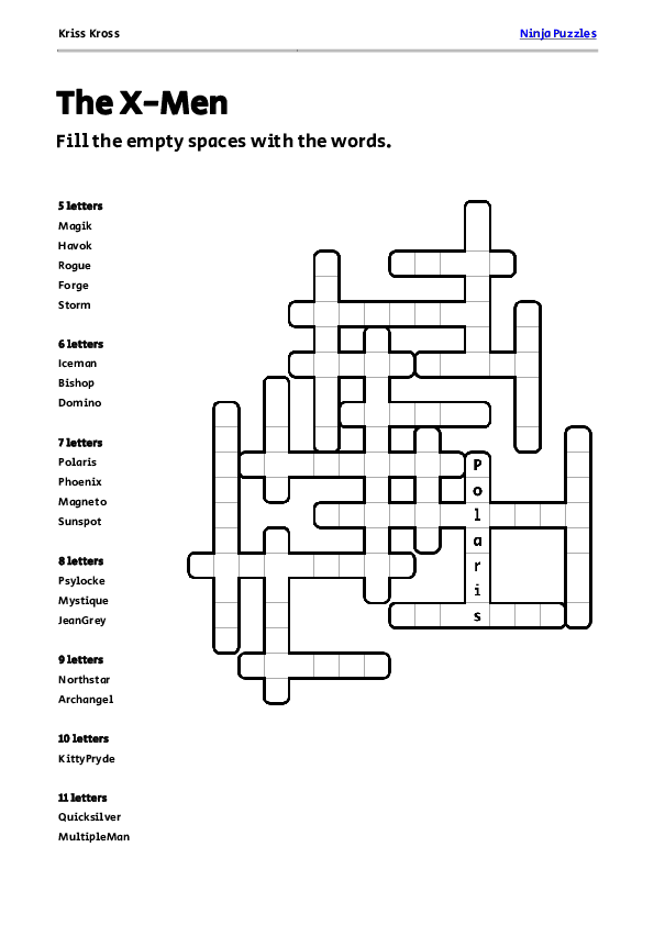 Free The X-Men Kriss-Kross Puzzle - Free Printable PDF