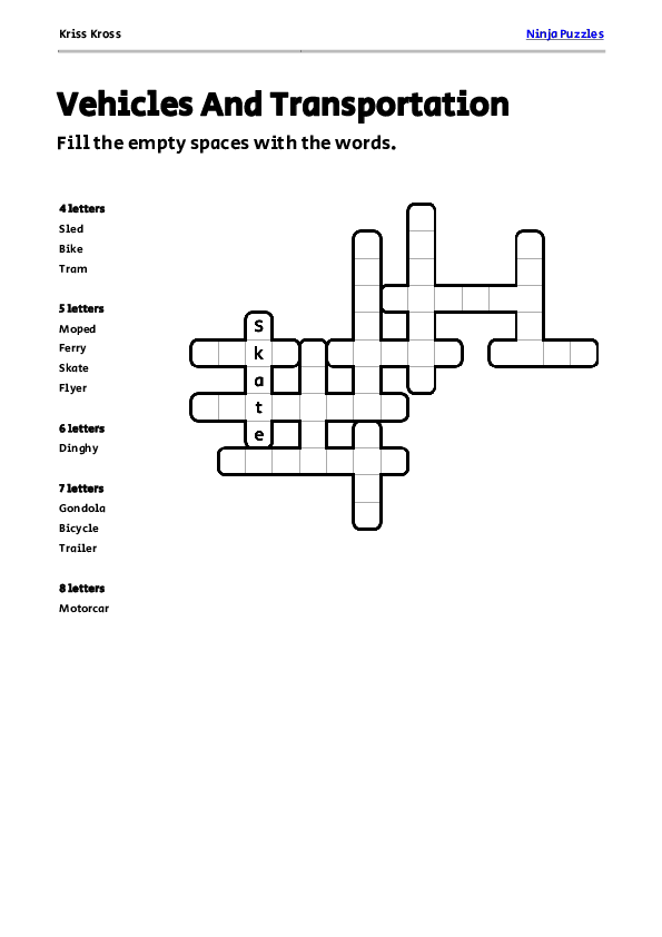Free Vehicles And Transportation Kriss-Kross Puzzle - Free Printable PDF