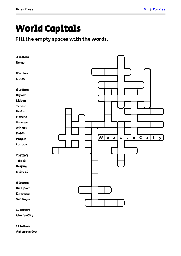 Free World Capitals Kriss-Kross Puzzle - Free Printable PDF