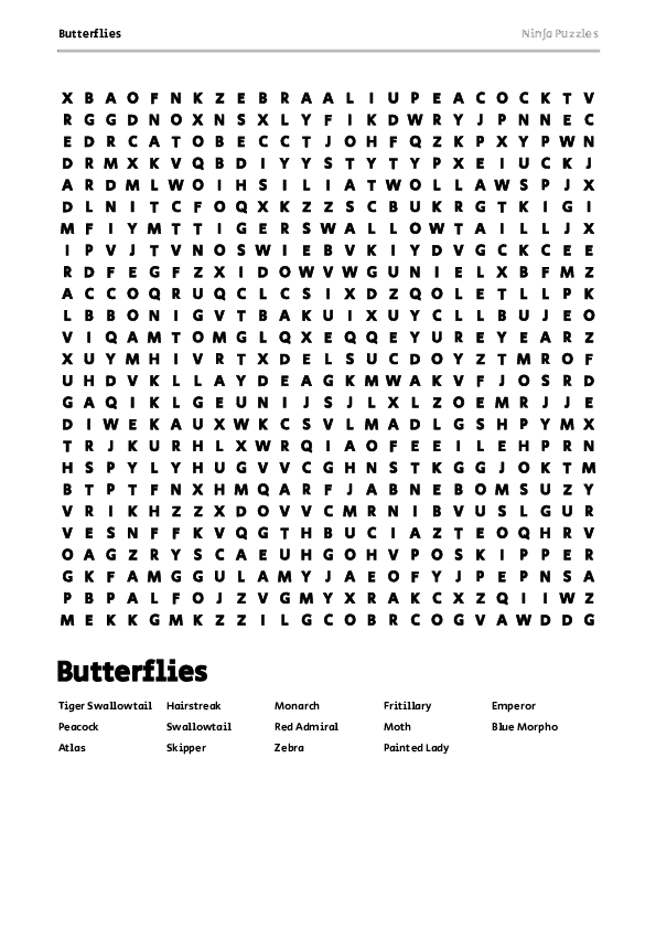 Free Printable Butterflies themed Word Search Puzzle - Free Printable PDF