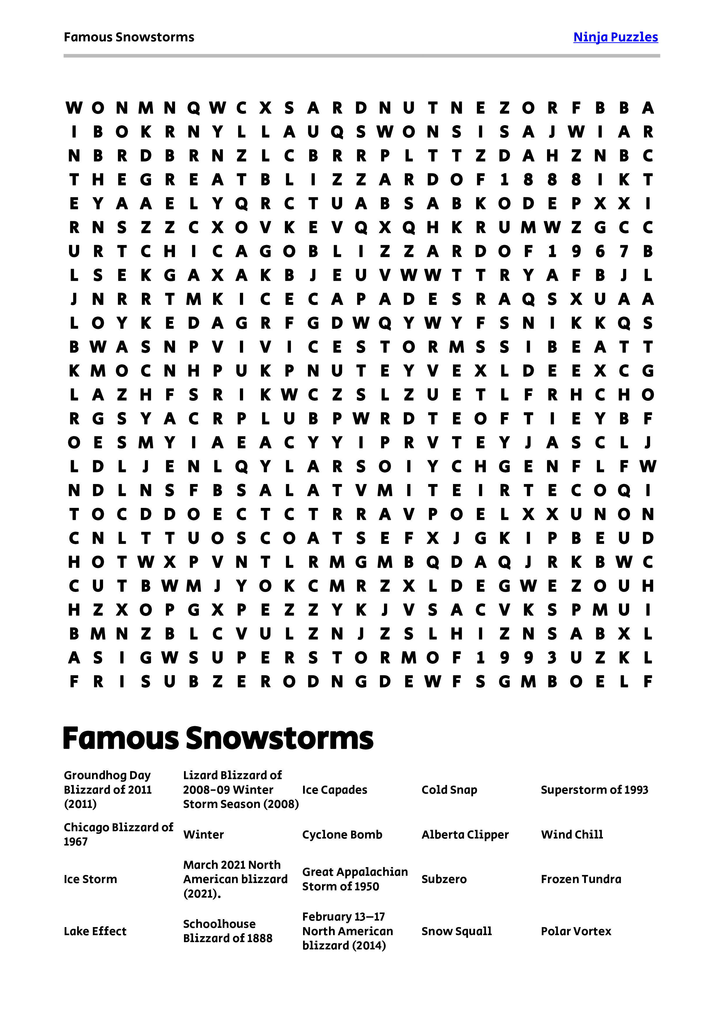 Free Printable Famous Snowstorms Themed Word Search Puzzle Free Printable Pdf