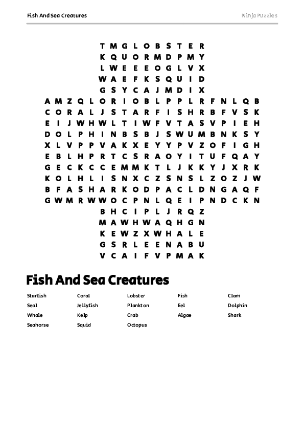 Free Printable Fish And Sea Creatures themed Word Search Puzzle - Free ...