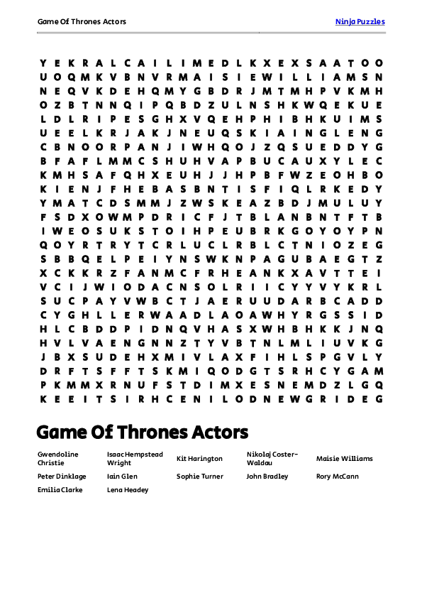 Free Printable Game Of Thrones Actors themed Word Search Puzzle - Free ...