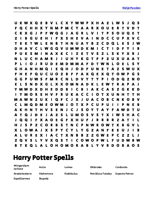 Free Printable Harry Potter Spells themed Word Search Puzzle - Free ...