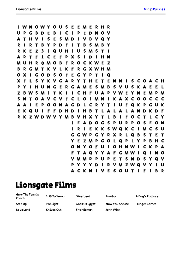 Free Printable Lionsgate Films themed Word Search Puzzle - Free ...