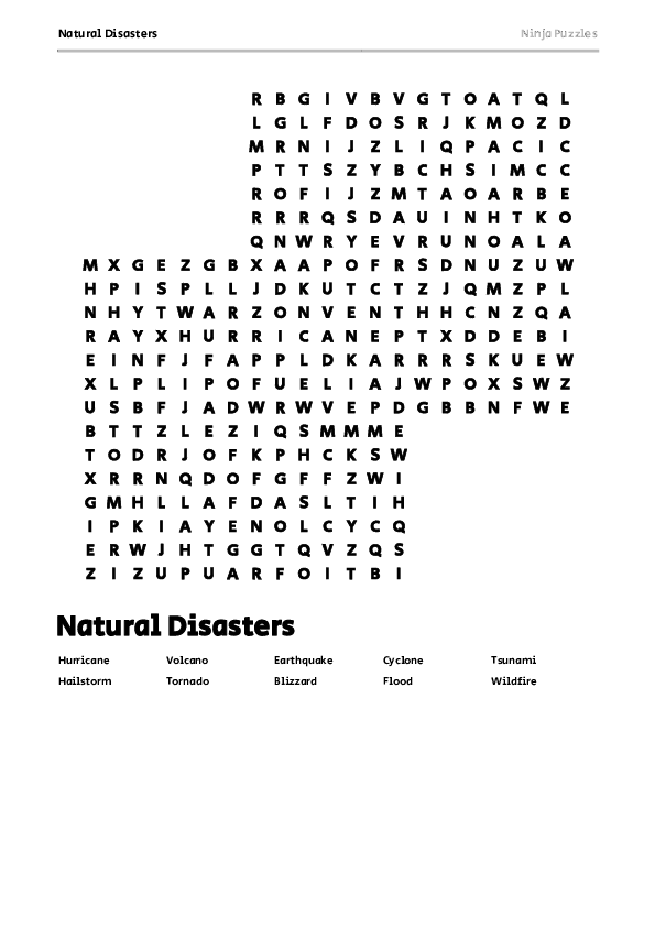 Free Printable Natural Disasters themed Word Search Puzzle