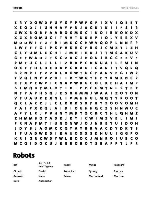 Free Printable Robots themed Word Search Puzzle - Free Printable PDF