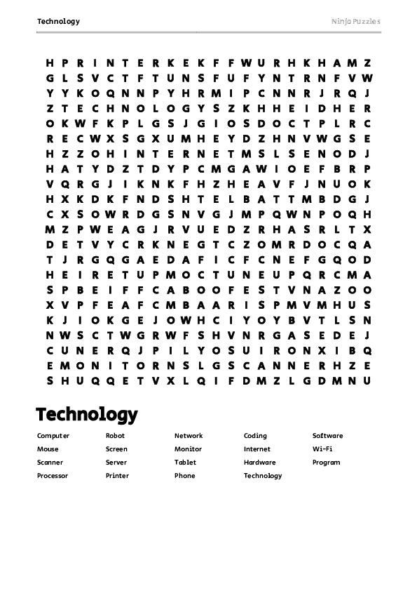 Free Printable Technology themed Word Search Puzzle - Free Printable PDF