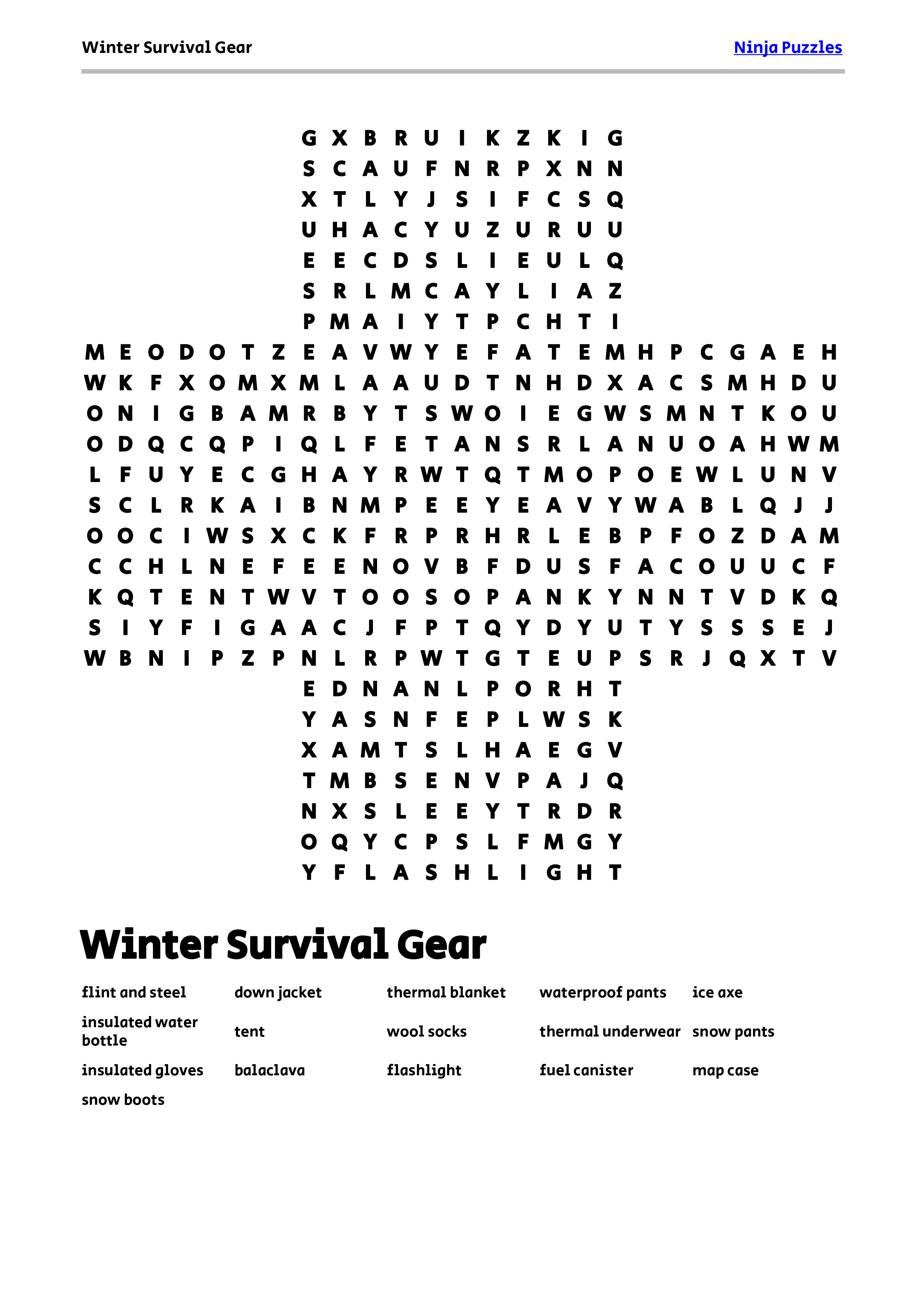 Free Printable Winter Survival Gear Themed Word Search Puzzle Free Printable Pdf