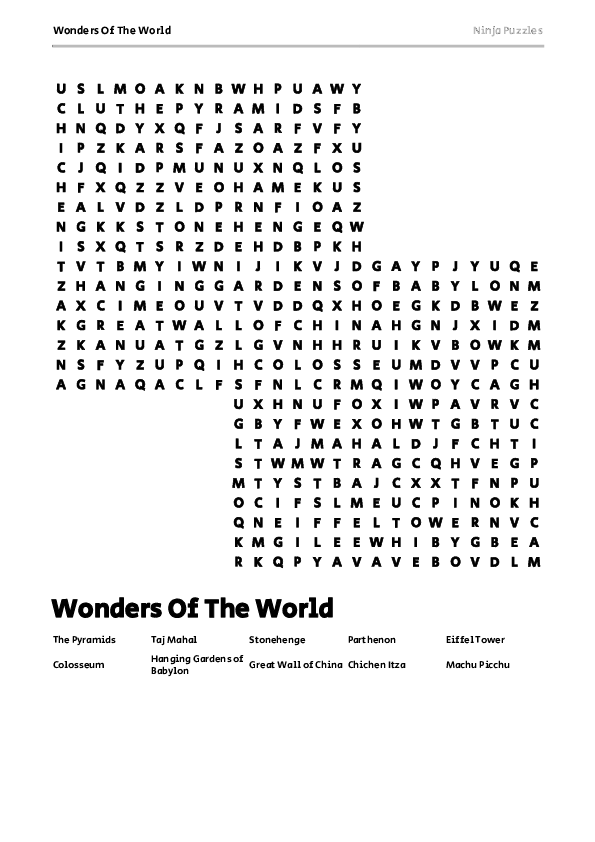 Free Printable Wonders Of The World Themed Word Search Puzzle