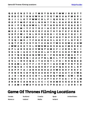 Free Printable Game Of Thrones Filming Locations themed Word Search Puzzle puzzle thumbnail