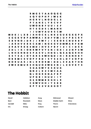 Free Printable The Hobbit themed Word Search Puzzle puzzle thumbnail