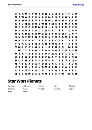 Free Printable Star Wars Planets themed Word Search Puzzle puzzle thumbnail