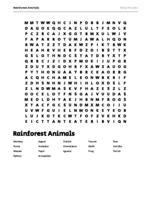 Free Printable Rainforest Animals themed Word Search Puzzle puzzle thumbnail
